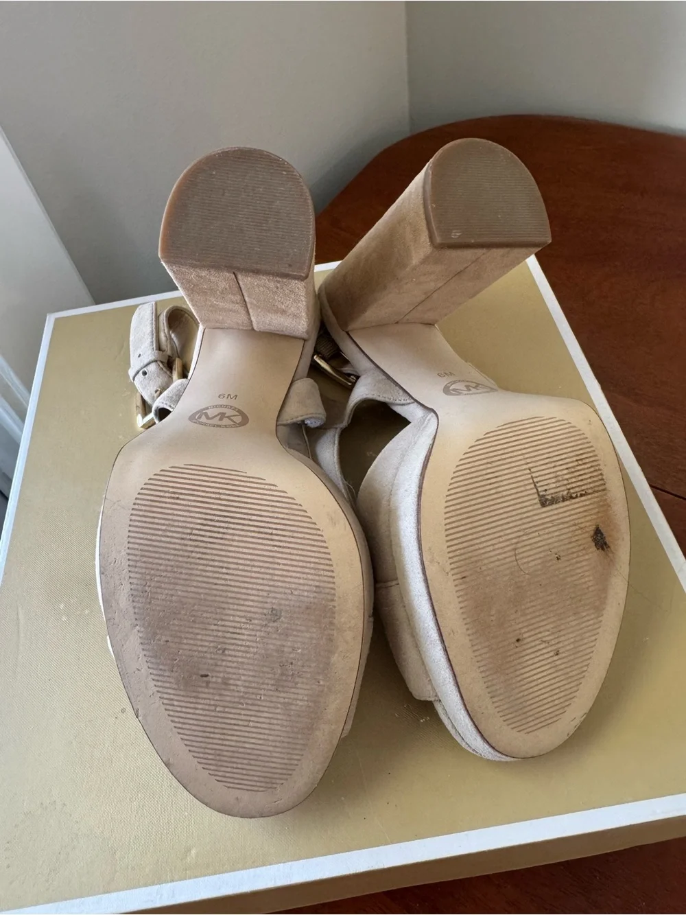 Michael Kors Beige Suede Platform Block Heel Sandals